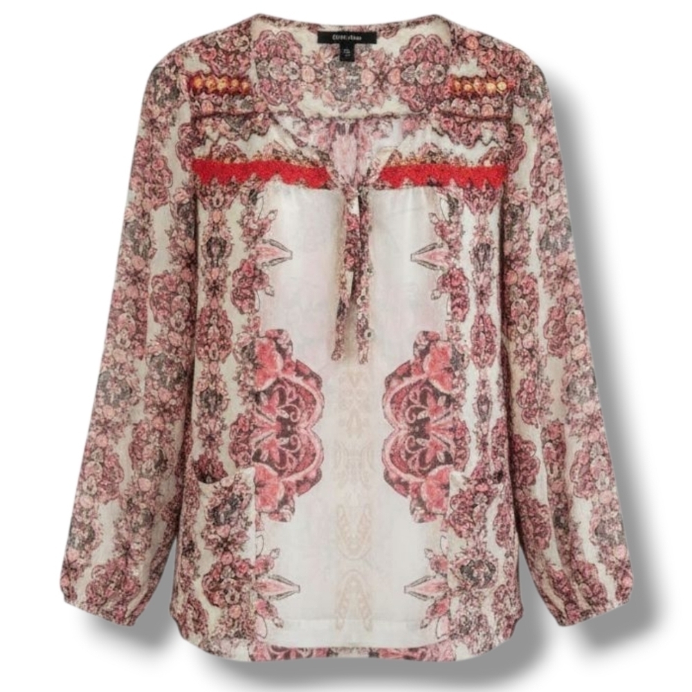 Style & Co Women’s Boho Floral Semi-Sheer Blouse with Front Pockets - Size Small